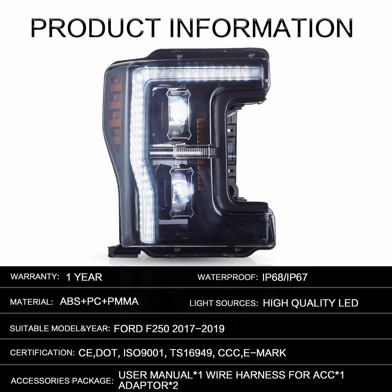 17-19 Ford F250 350 450 F550 Super Duty Vland LED Projector Upgrade Headlights - Image 7