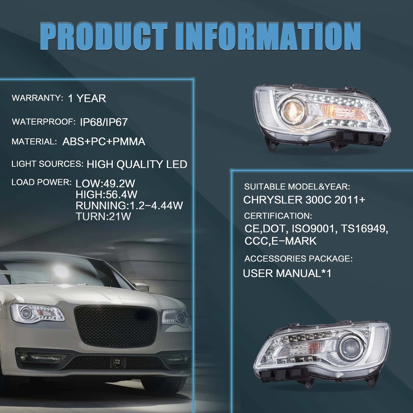 Vland 2011-2023 Chrysler 300/300C Headlights W/LED Dual Beam Projector - Image 22