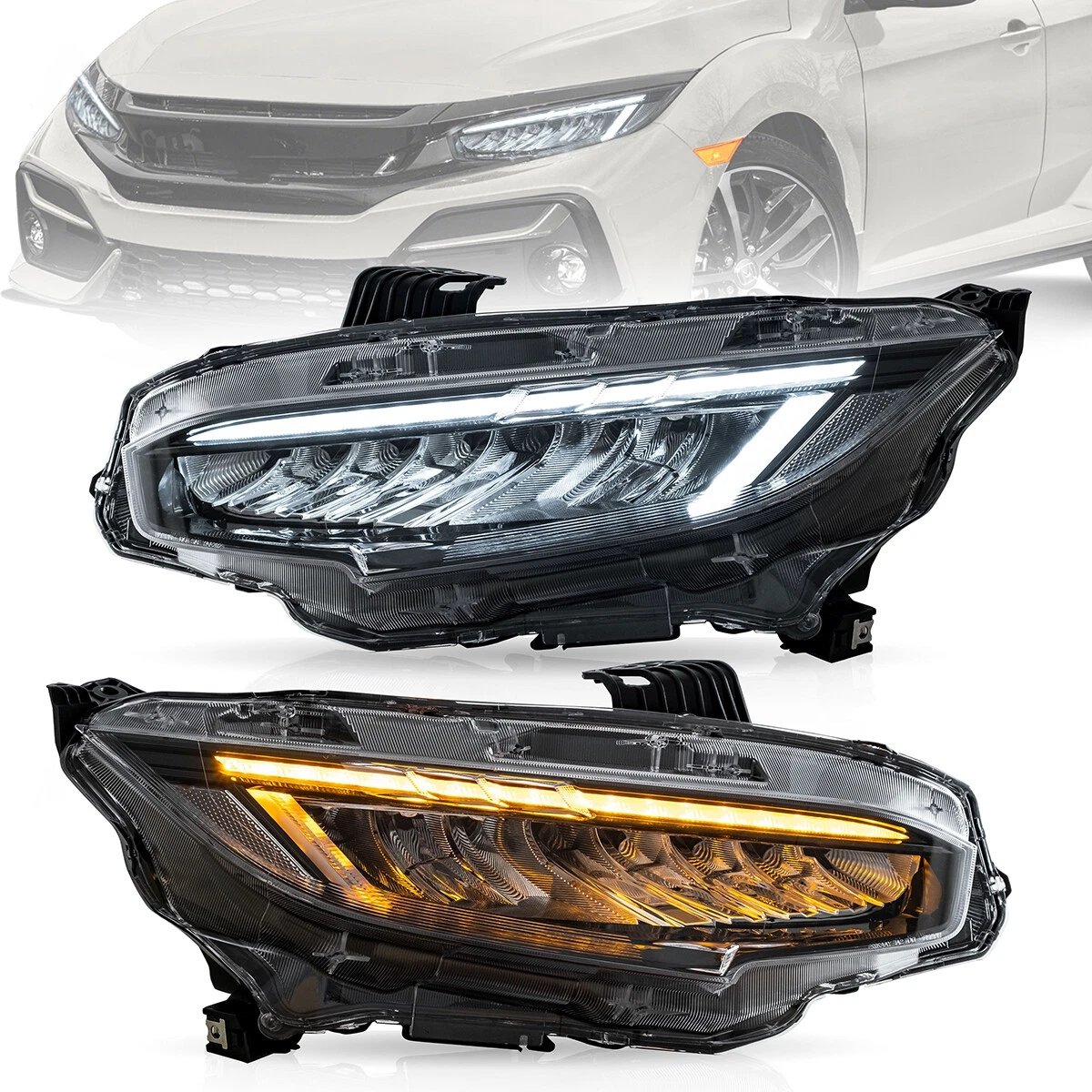 16-21 Honda Civic 10th Gen LED Reflection Bowl Headlights Chrome