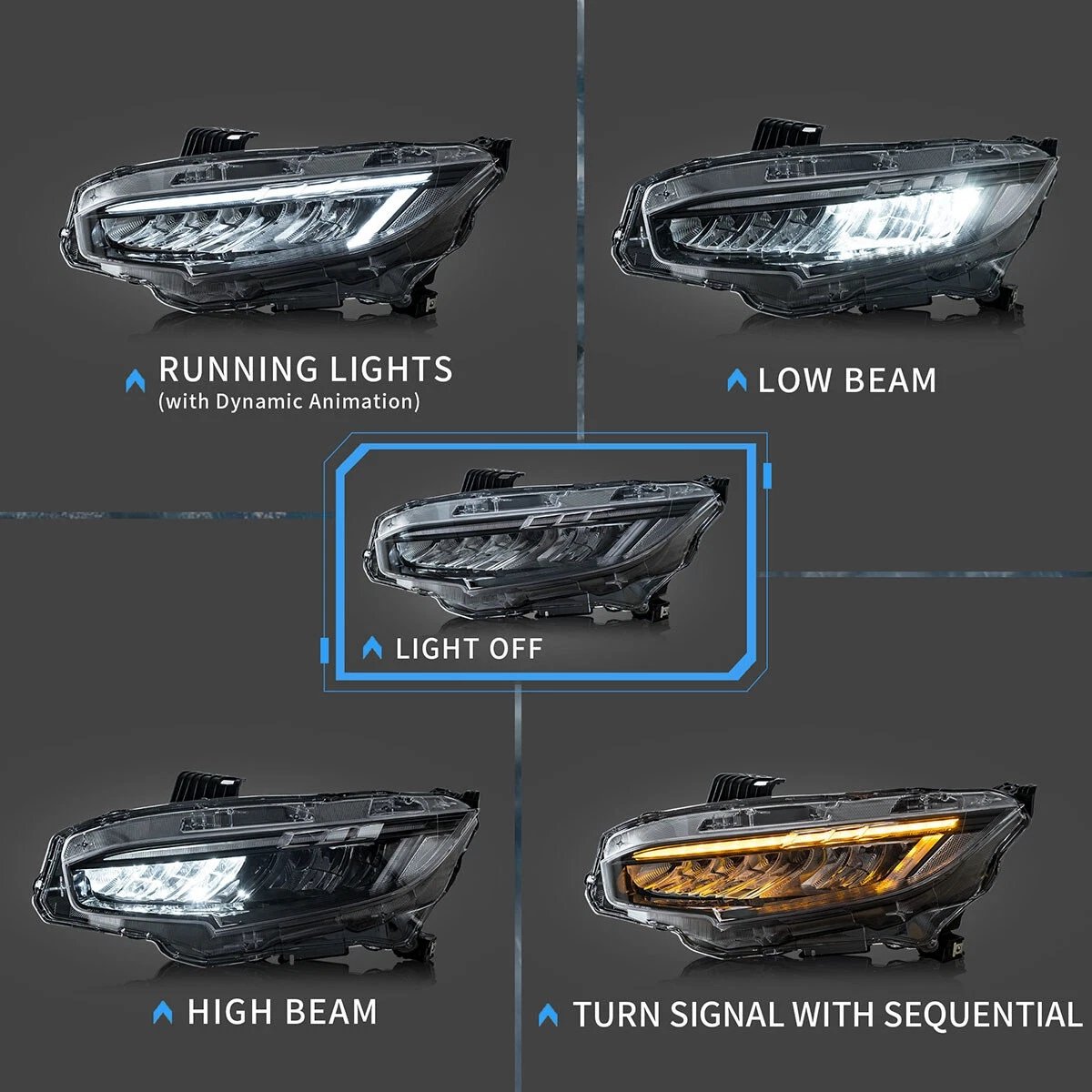 16-21 Honda Civic 10th Gen LED Reflection Bowl Headlights Chrome - Image 3