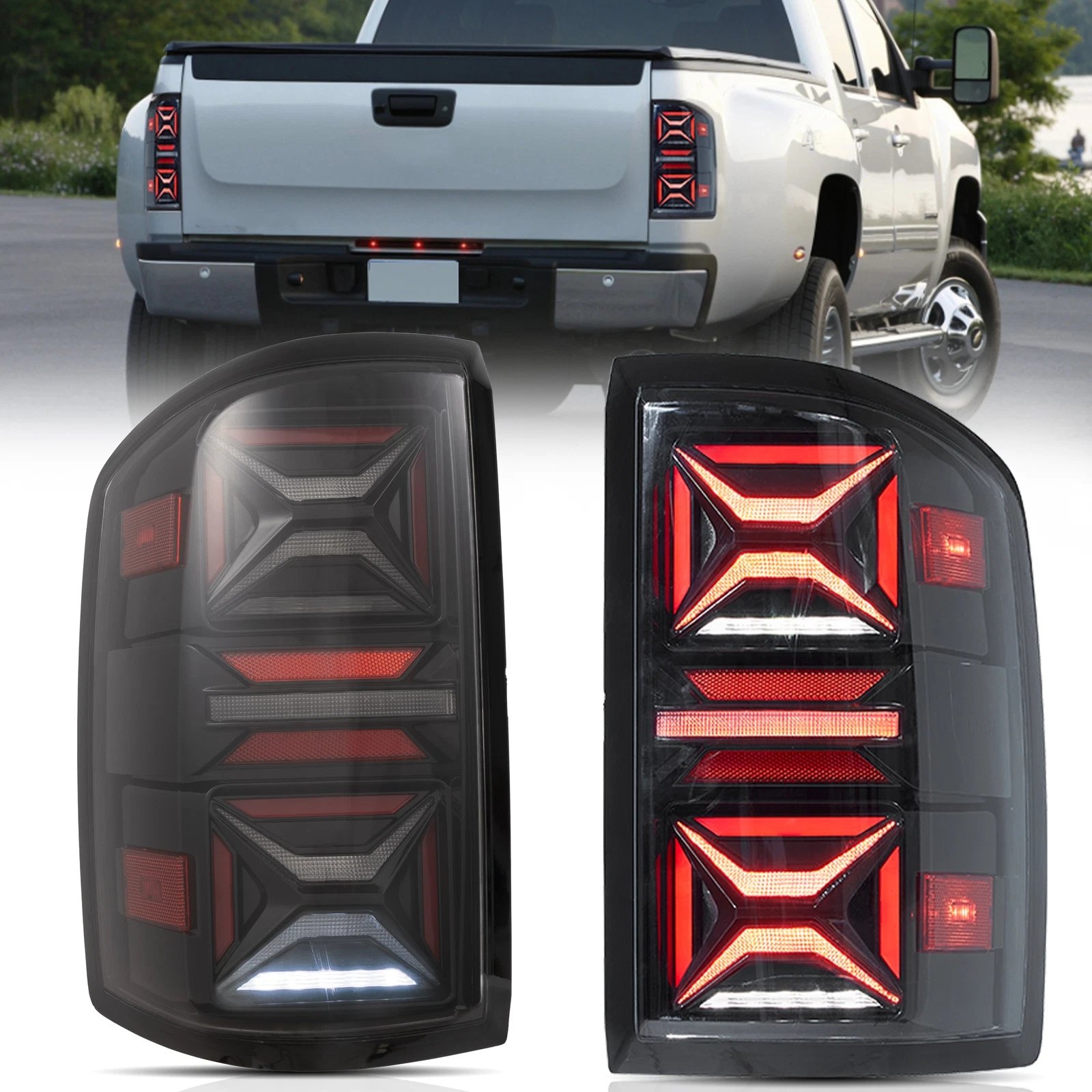 07-13 Chevrolet Silverado 1500 2500HD 3500HD & 07-10 GMC Sierra 1500 2500HD 3500HD Dually Vland LED III Tail Lights With Red Turn Signal Clear