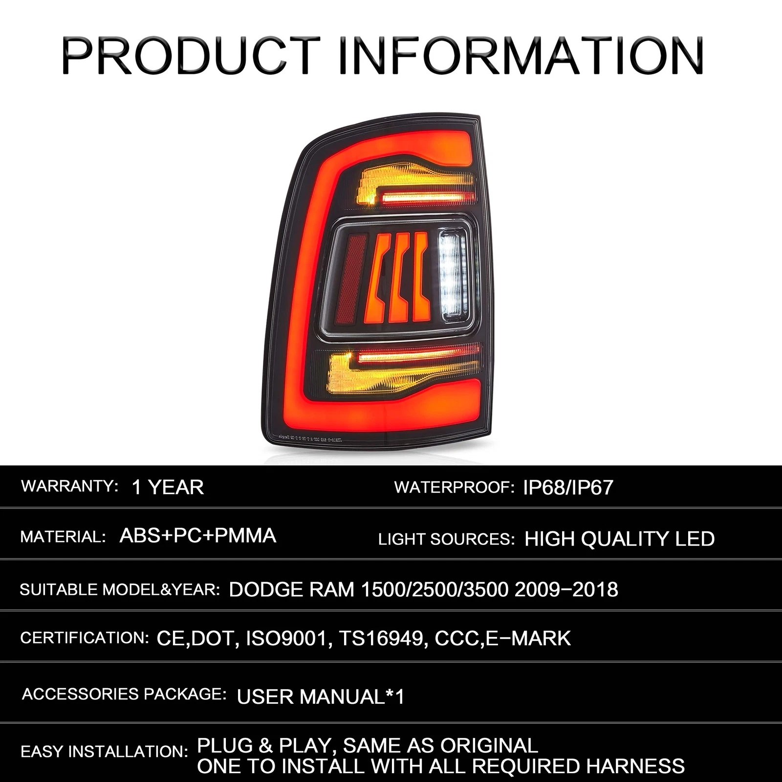 09-18 Dodge Ram 1500/2500/3500 Vland Upgrade LED Tail Lights With Amber Turn Signal - Image 8